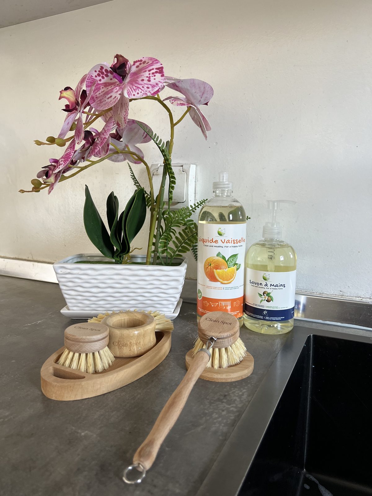Plan de travail cuisine avec Liquide Vaisselle, Savon à Mains et brosses Clean Spot